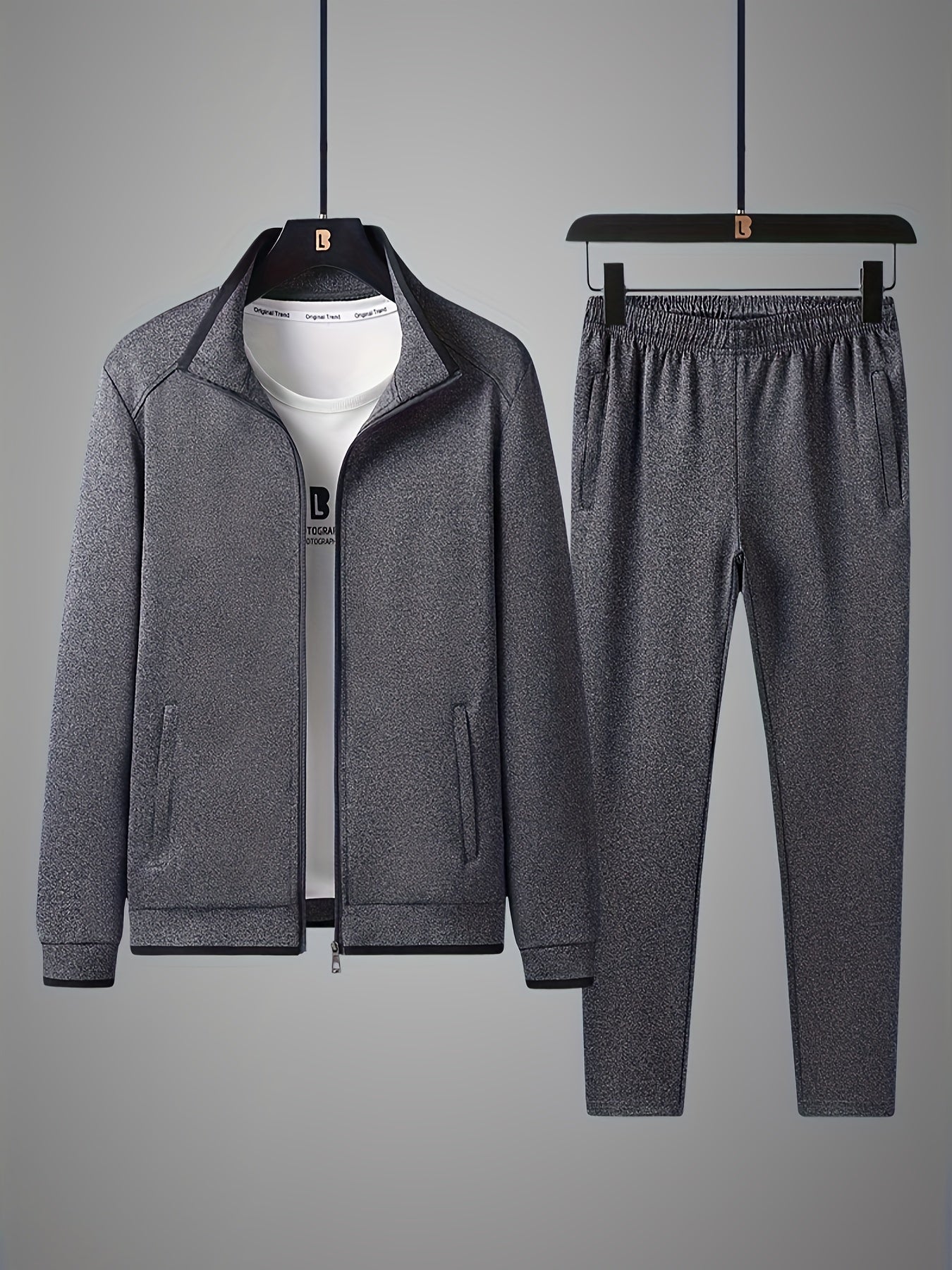 Men's Sportswear Set with Stand Collar Zip-Up Jacket and Elastic Waist Sweatpants for Spring and Fall