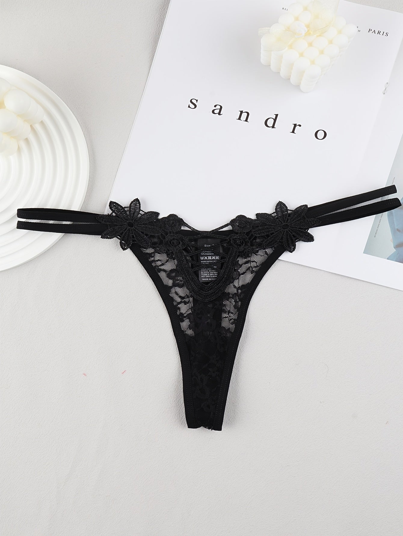 Red Lace Thong with Mesh Detail for Adults Made of Polyamide and Elastane