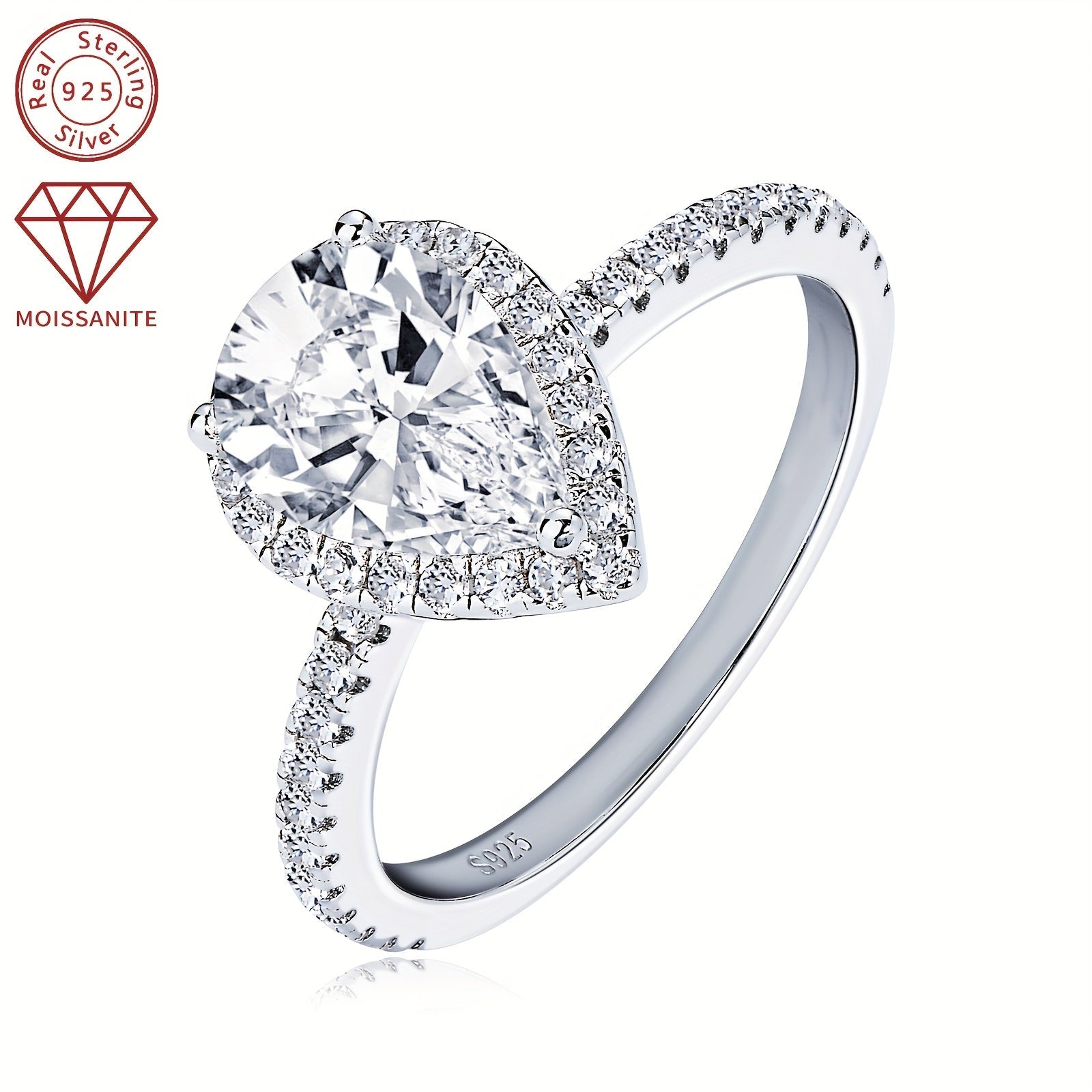 Women's Sterling Silver Engagement Ring with 2 Carat Pear-Shaped Moissanite Center and Surrounding Stones