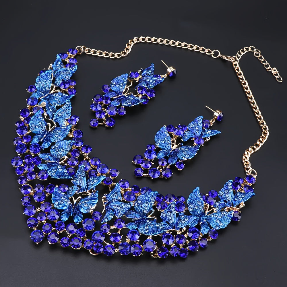 Vintage Butterfly Jewelry Set Sun'iy Rhinestone taqinchoq va sirg'alar to'ylar va partiyalar uchun