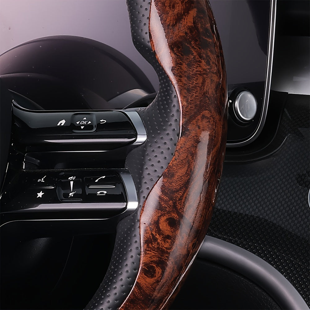 Car Steering Wheel Cover Mahogany Grain Leather Anti-Slip Universal