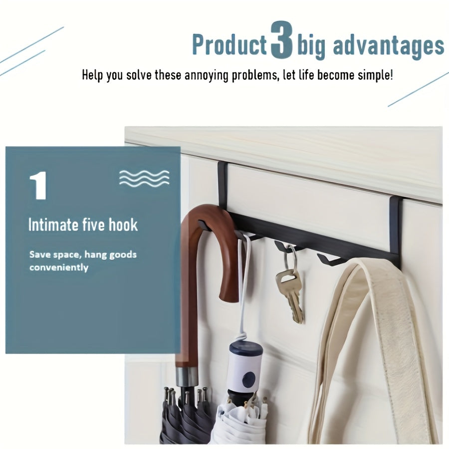 Black Metal Over-the-Door 5-Hook Rack for Coats Towels and Hats
