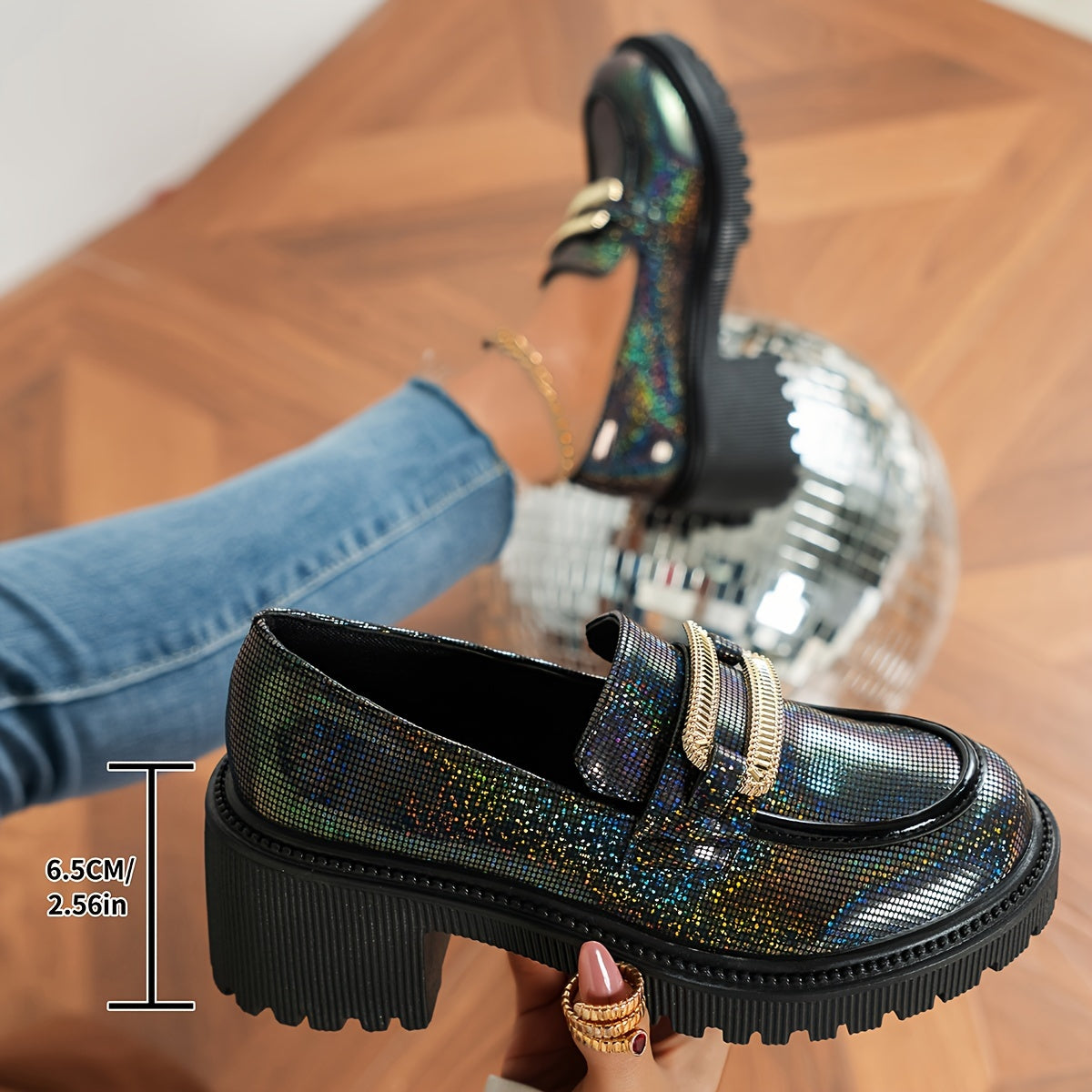 Women's Glitter Loafers Pink Sequin Slip-On Shoes with Chunky Heel