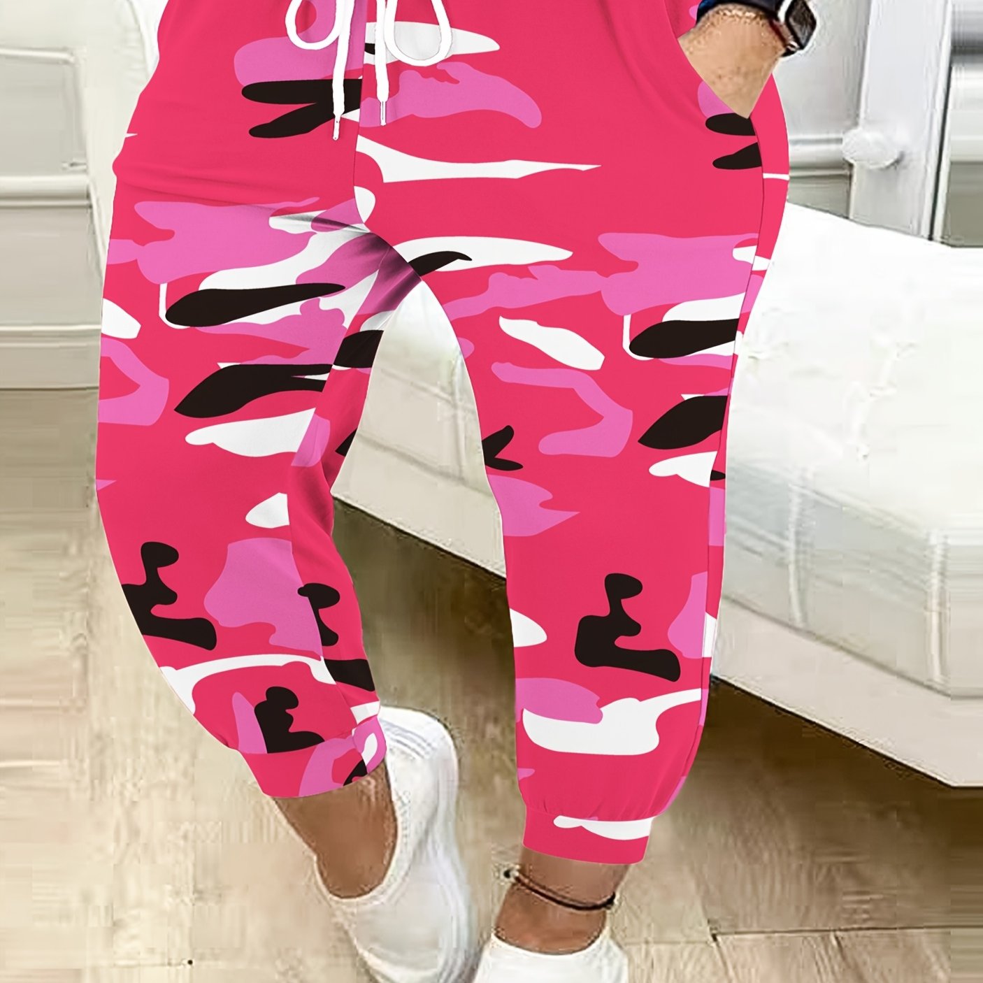 Women's Plus Size Camo Joggers Casual Drawstring Harem Pants Maroon Gray Black