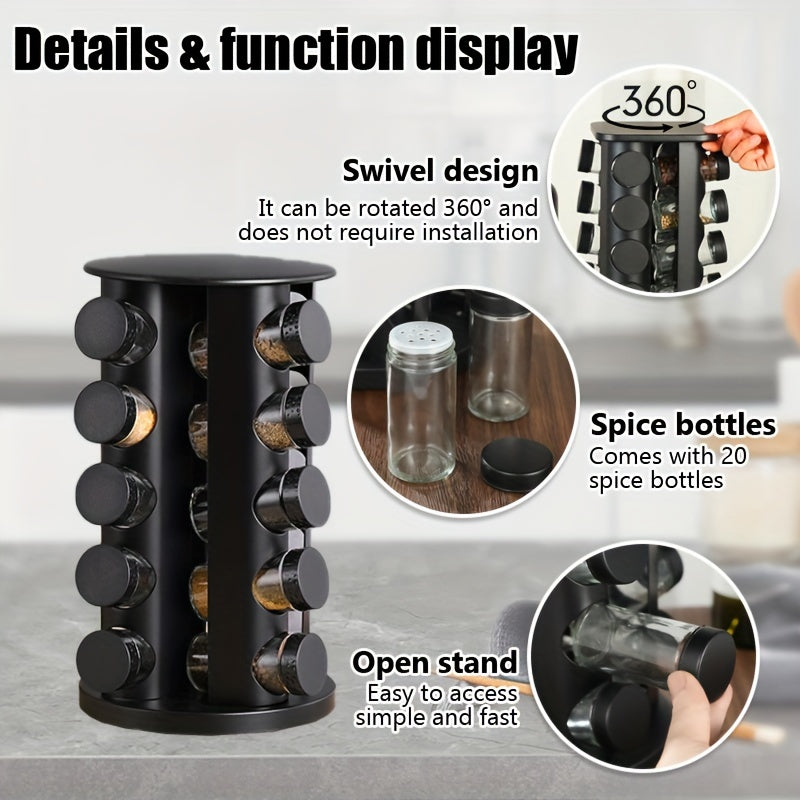 Spice Bottle Storage Rack with 360° Rotation Holds 12-20 Jars Kitchen Organizer