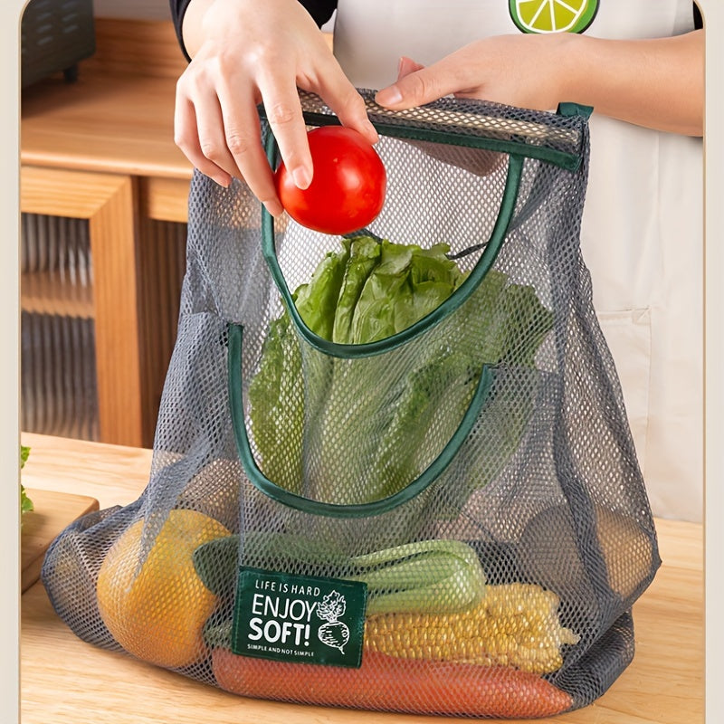 Mesh Kitchen Storage Bag for Fruits Vegetables Wall-Mounted Organizer with Green Handles