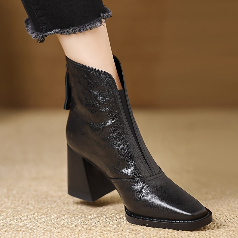 Women's Faux Leather Chunky Block Heel Ankle Boots Brown Zipper Non-Slip