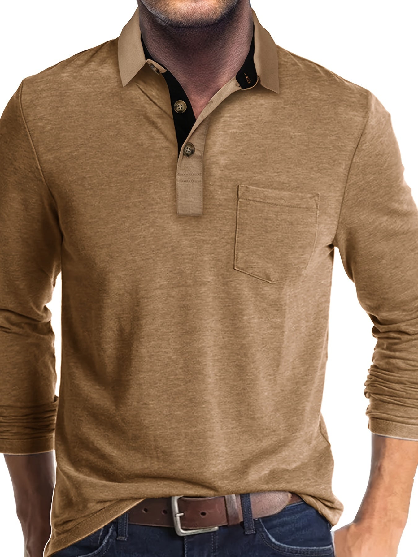 Men's Plus Size Brown Long Sleeve Shirt with Chest Pocket Casual Stretch Fabric
