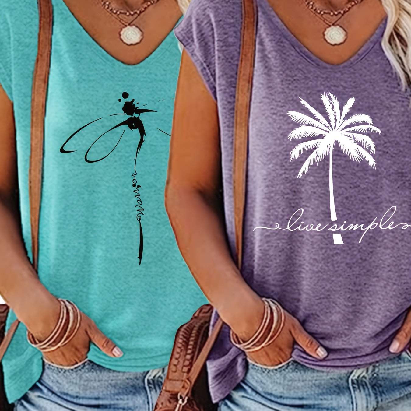 Plus Size Women's V-Neck Vests Two-Piece Set Floral Palm Tree Spring Summer Fabric