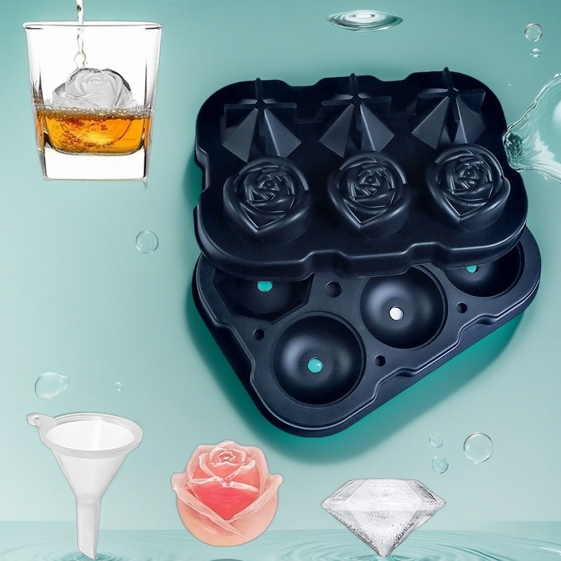 Silicone Ice Tray with Lid for Large Ice Cubes, 3-Chamber Diamond Ball, Suitable for Party Drinks
