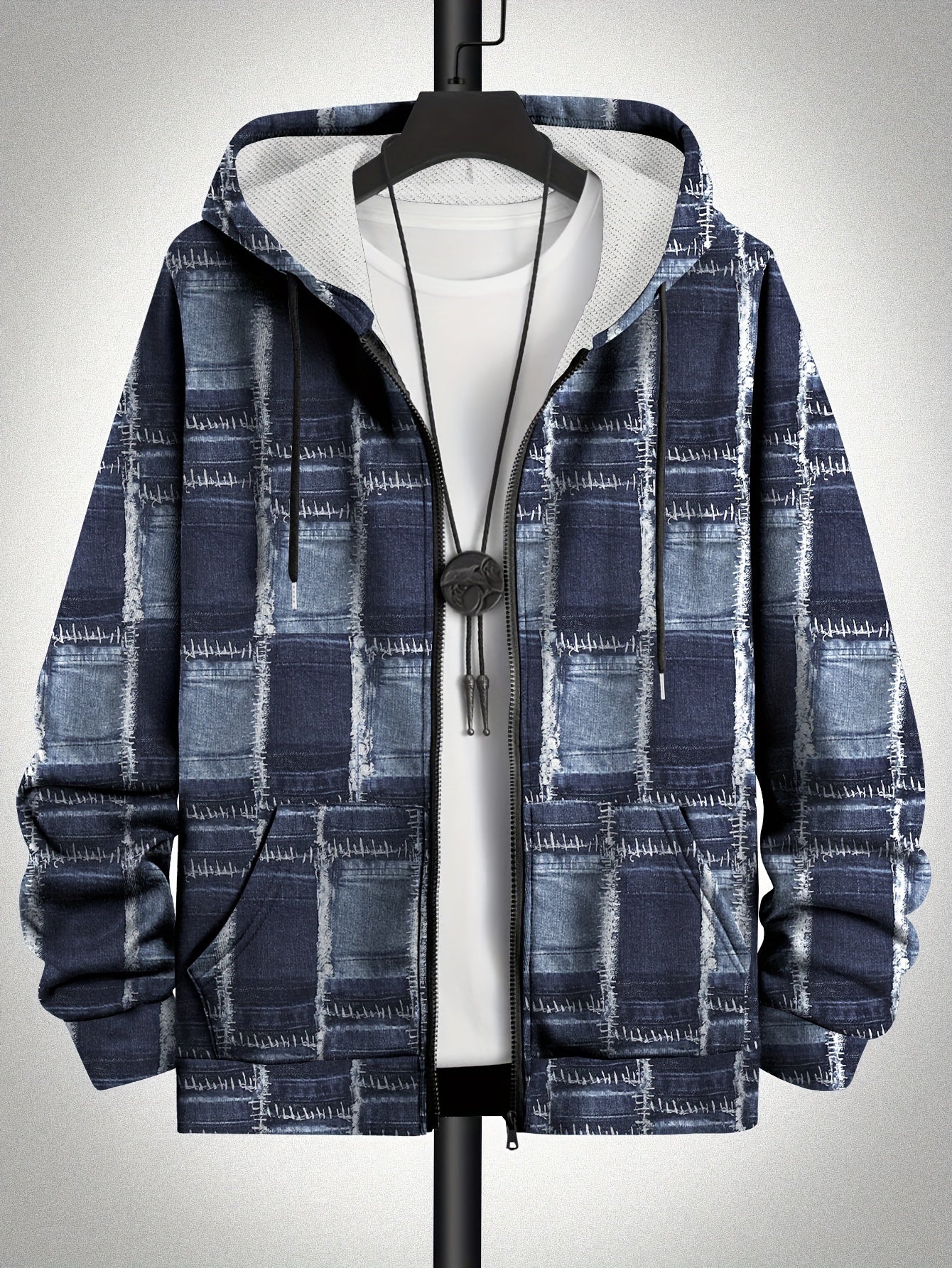 Plus Size Men's Faux Denim Print Hooded Jacket with Zipper Pockets and Machine Washable