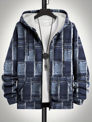 Plus Size Men's Faux Denim Print Hooded Jacket with Zipper Pockets and Machine Washable