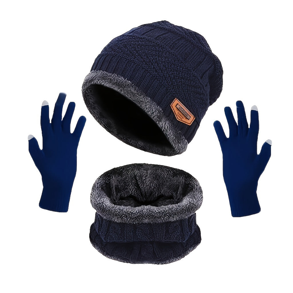 Winter Warm Velvet Knit Hat Scarf Gaiter Set with Touch Screen Gloves for Men Women
