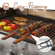 Heavy Duty Nonstick Steel BBQ Grill Basket with Flip Lid and Rosewood Handle 49cm