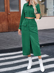 Conjunto de blusa de color sólido para mujer y falda midi de poliéster, primavera y otoño, elegante