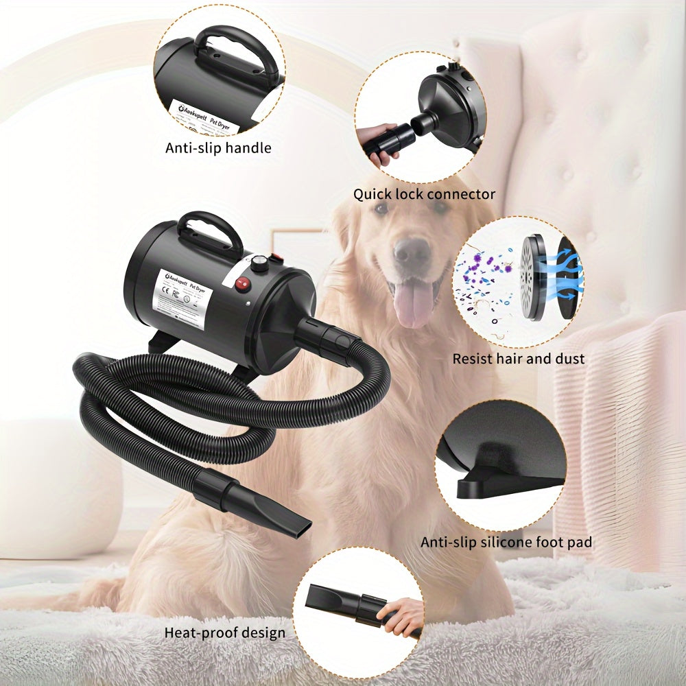 Professional Dog Hair Dryer 2800W with Adjustable Heat and Speed Includes 4 Nozzles