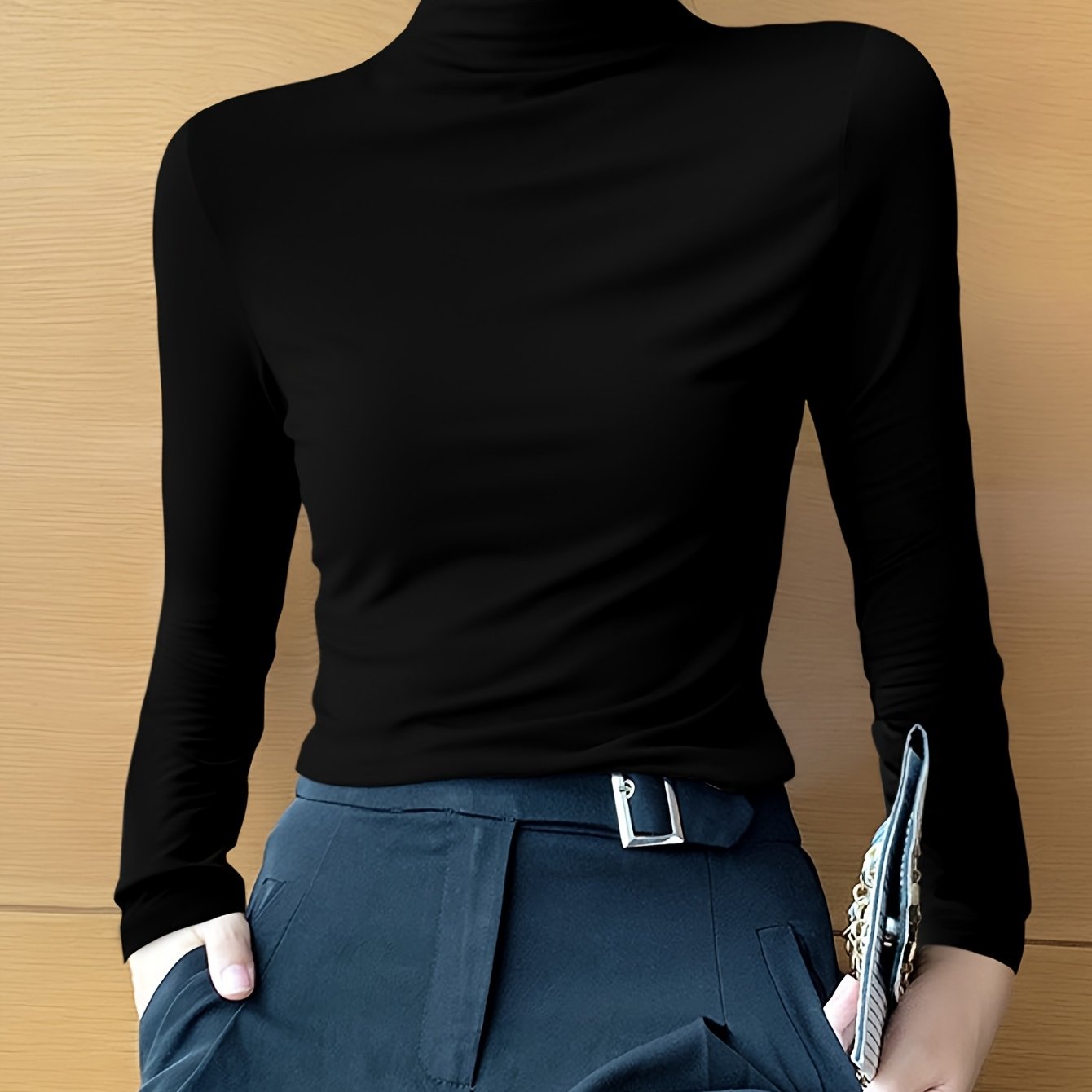 Women's High Neck Slim Fit Polyester Blouse for Fall Winter