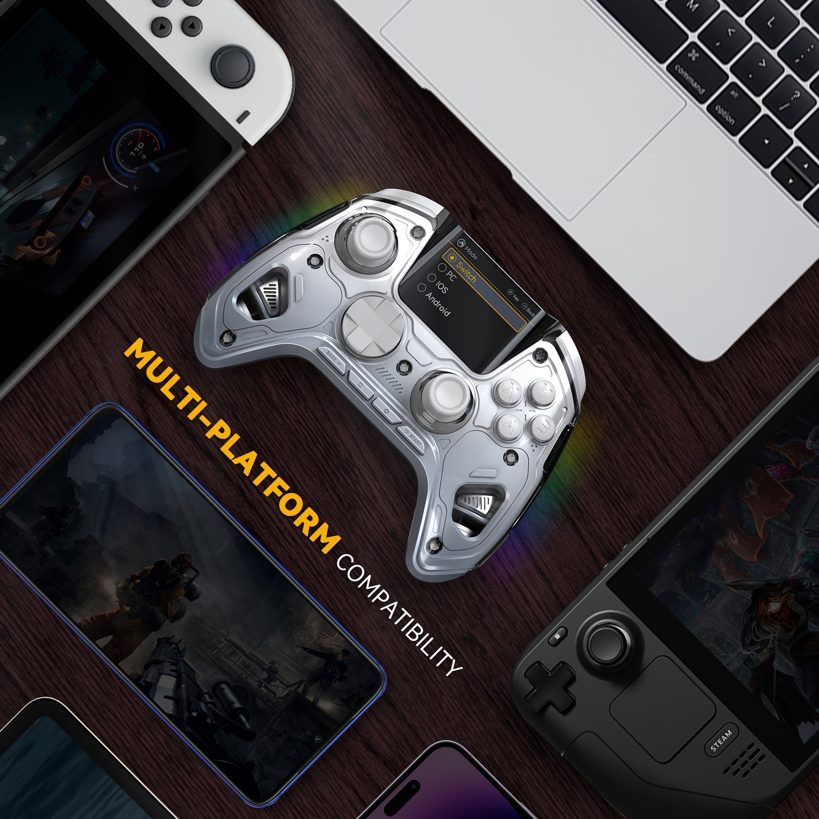 Wireless Gaming Controller for PC Switch iOS Android with Hall Effect Sticks RGB Lighting