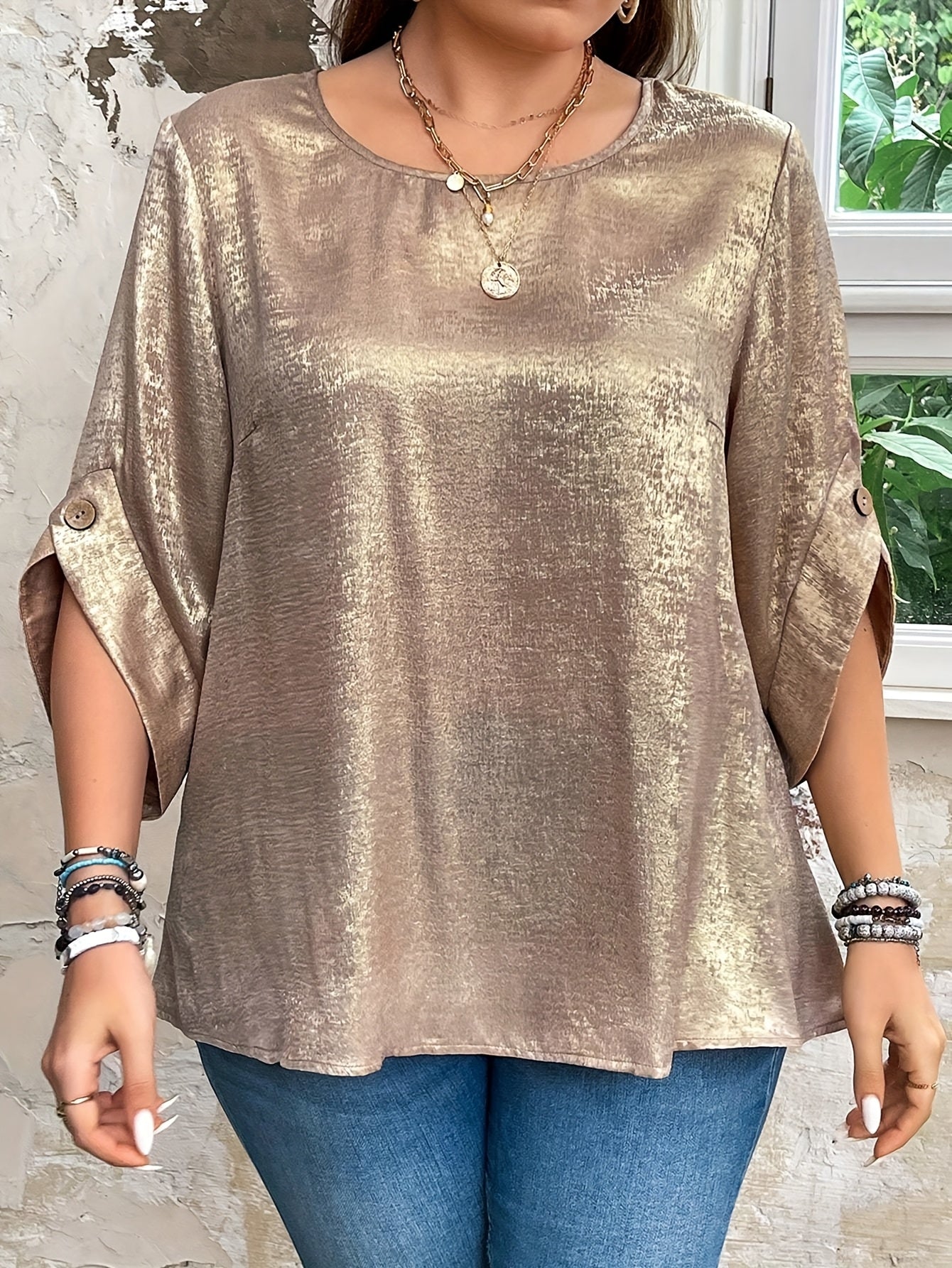 Ayollar uchun katta o'lchamli oltin mato kofta, kundalik, erkin fit, qisqa qo'l, ta'til uchun bluz