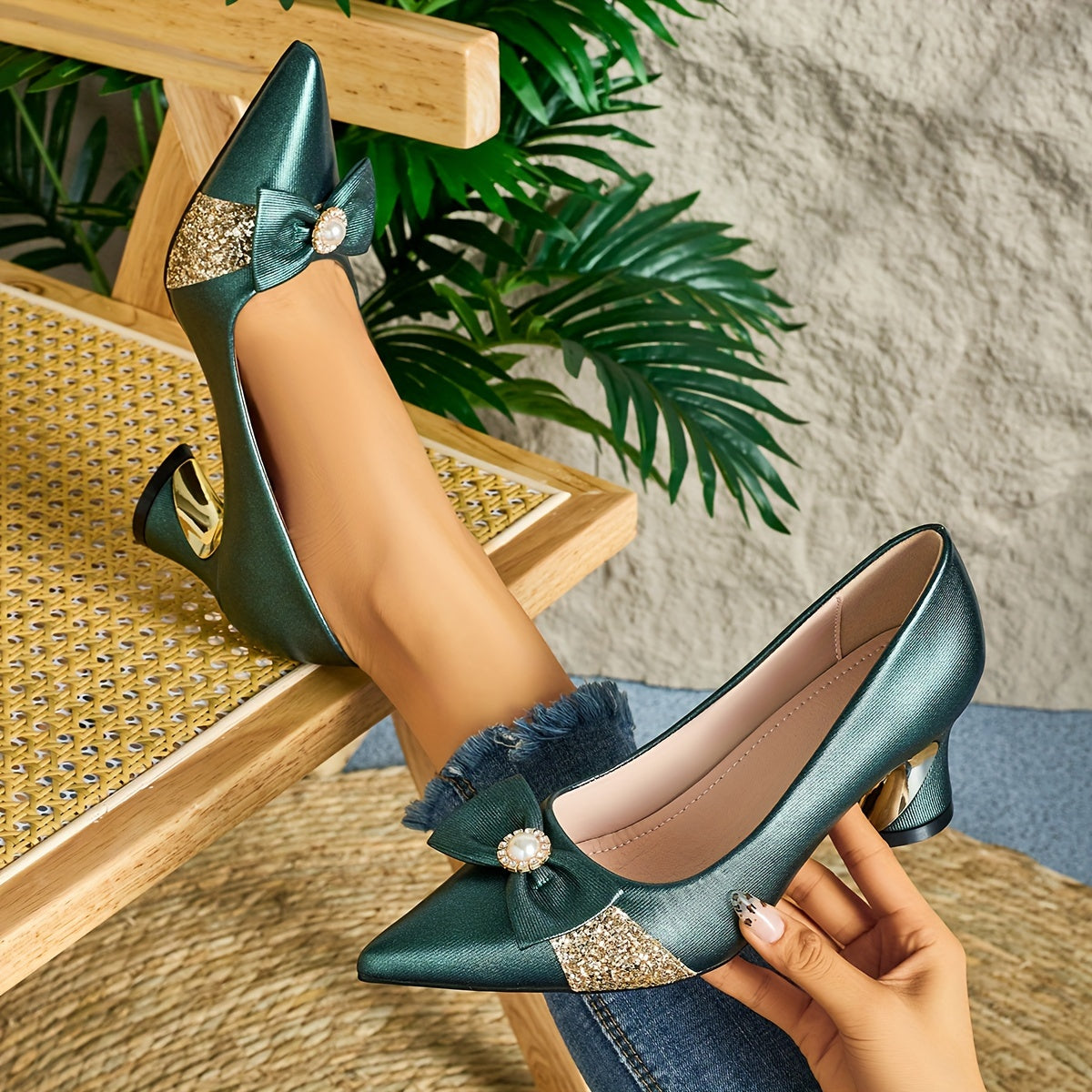 Women Faux Leather Pointed Toe Mules with Pearl Flower Decor High Heel Shoes