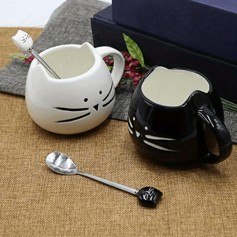 Ceramic Cat Spoon Stainless Steel Kitchen Utensil for Ice Cream Tea Soup Set of 1 or 2
