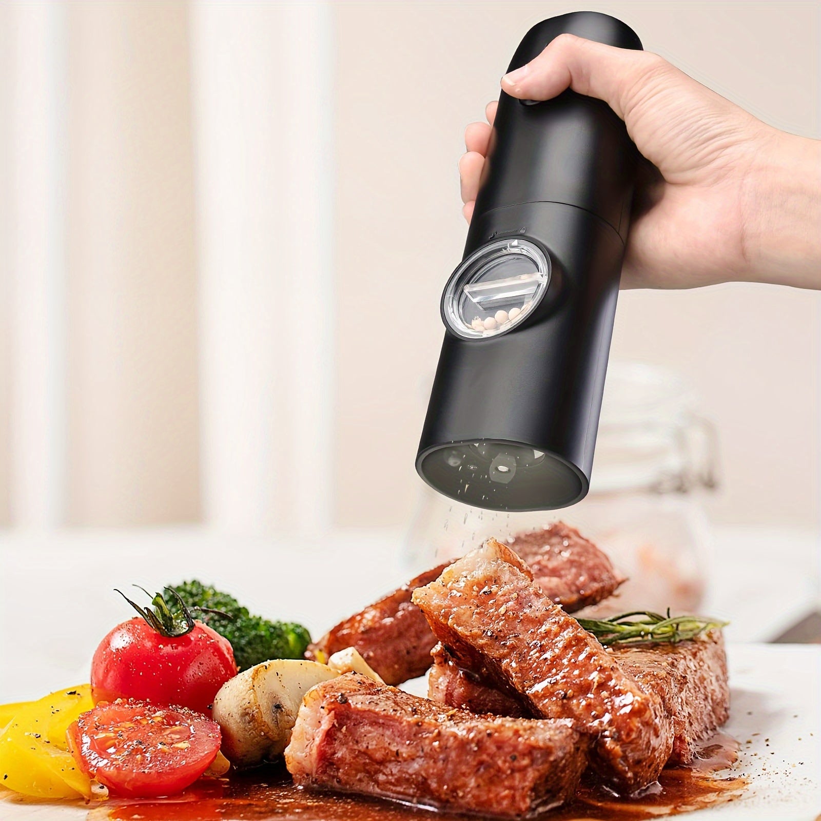 Qayta to'ldiriladigan elektr tuz va murch maydalagich, qora, USB LED chirog'i bilan, keramik maydalagich, sozlanadigan qattiqlik, bitta qo'l bilan boshqarish