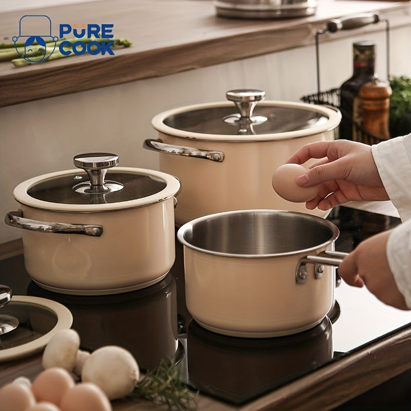 Cooking Pots Set with Glass Lids Stainless Steel Beige and White Compatible with Gas Stove