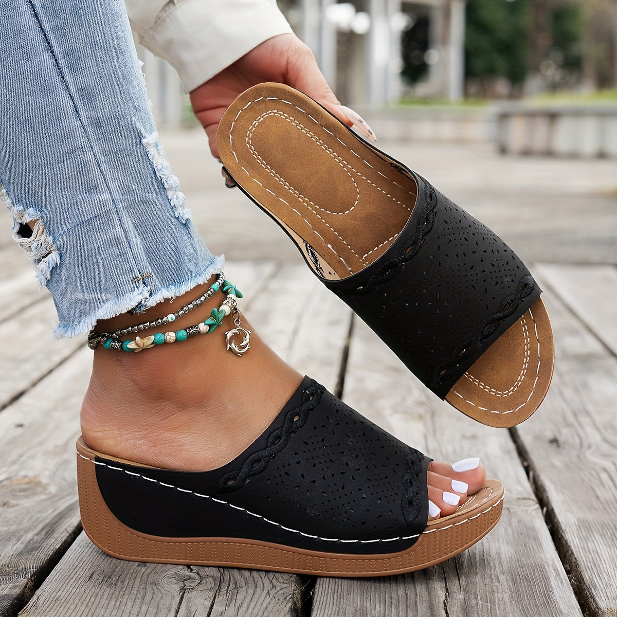 Women's Solid Color Platform Sandals Open Toe Slip-On Summer Lightweight