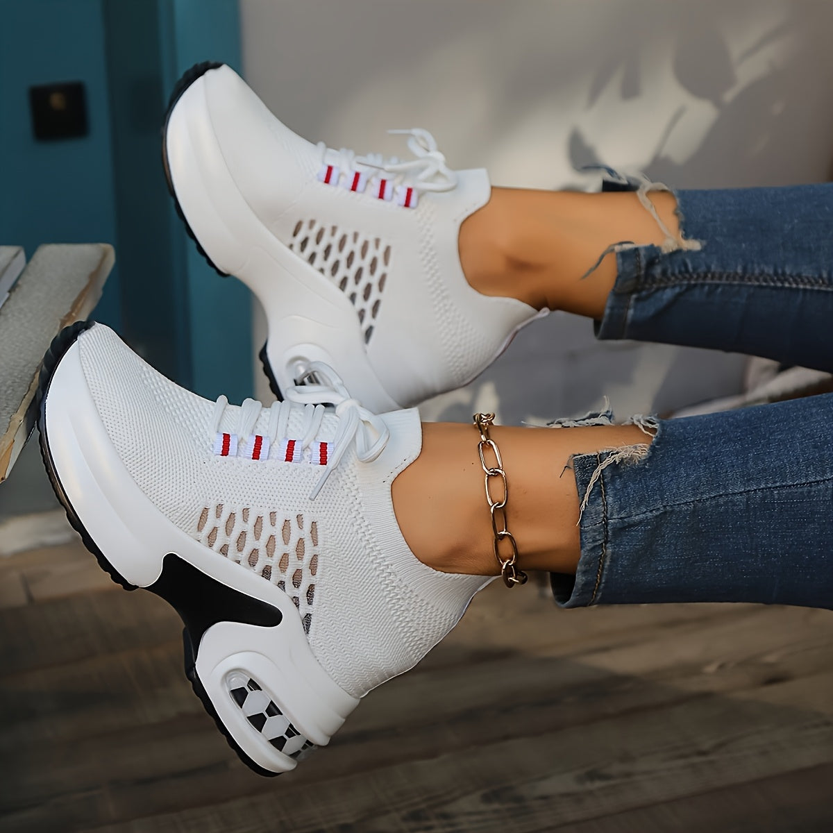 Women's White Knit Chunky Sneakers Low Top Breathable Casual Shoes