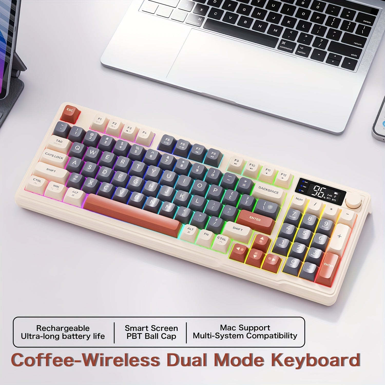 Dual-Mode Wireless Keyboard with Backlit Ergonomic PBT Ball Cap and USB Type-C Charging