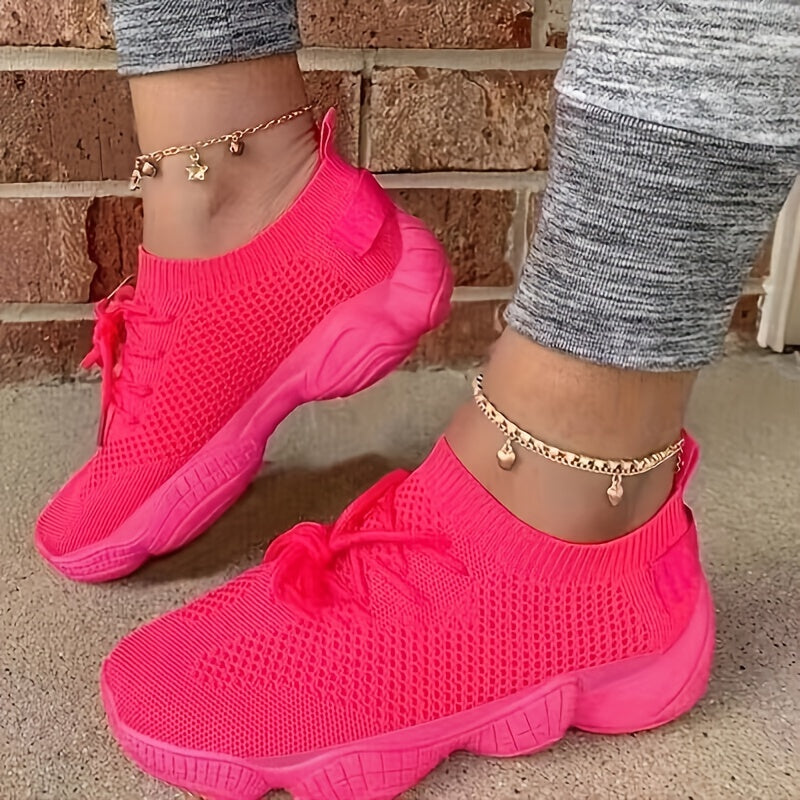 Women's Casual Sneakers, Lightweight Round Toe, Lace Up, Solid Color