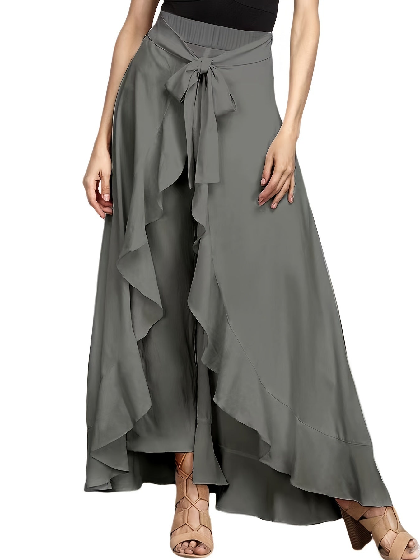 Pantalones acampanados con volantes de color sólido para mujer en 100% poliéster, de pierna recta para todas las estaciones