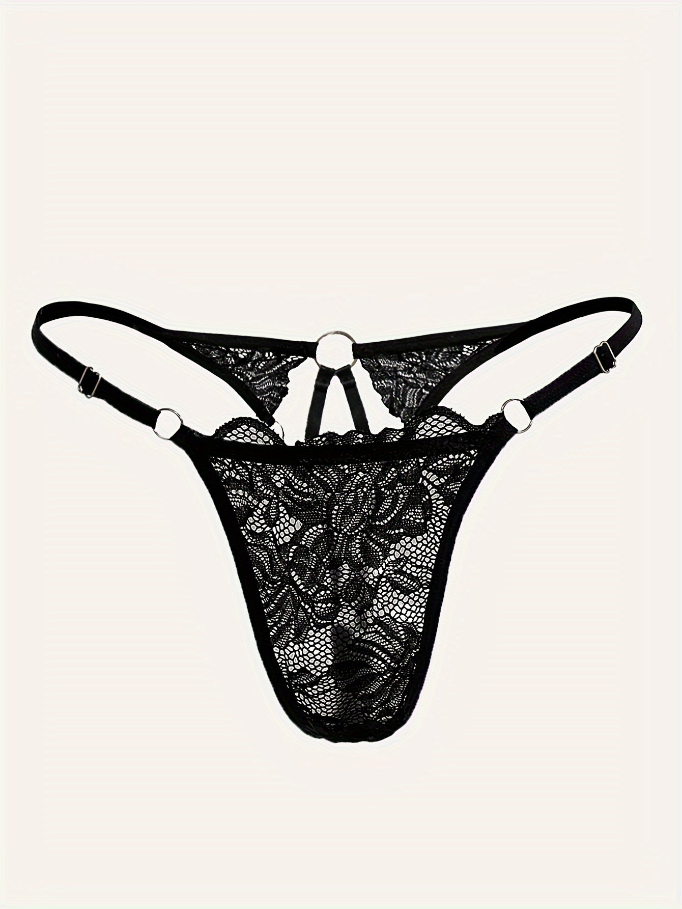 See-Through Lace Thong with Metal Ring and Adjustable Fit for Women