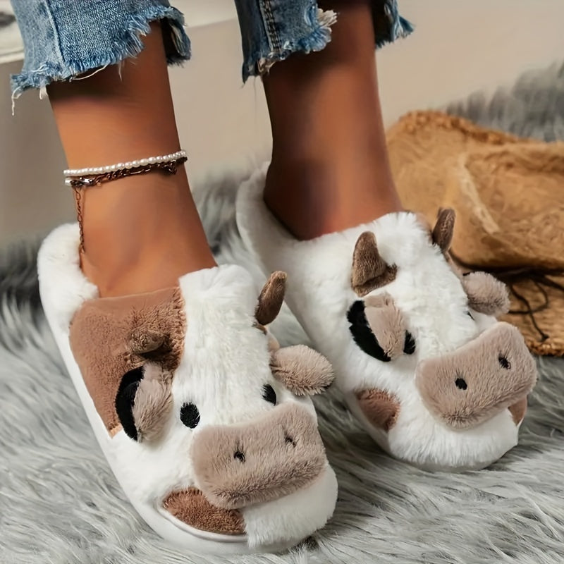 Unisex Plush Cow Pattern Slippers Comfortable Indoor Outdoor Warm