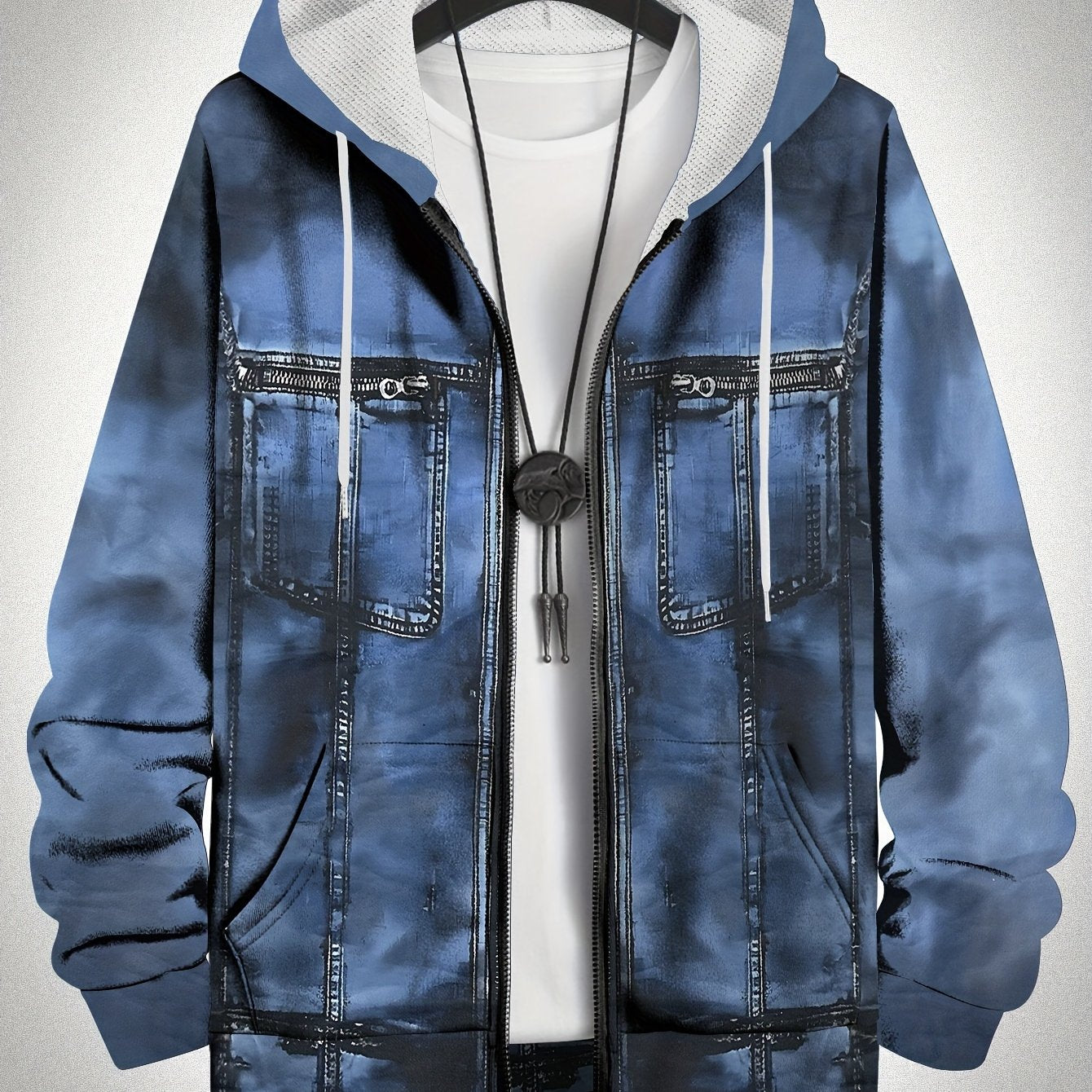 Plus Size Men's Hooded Jacket Digital Print Faux Denim Zipper Full Print Streetwear