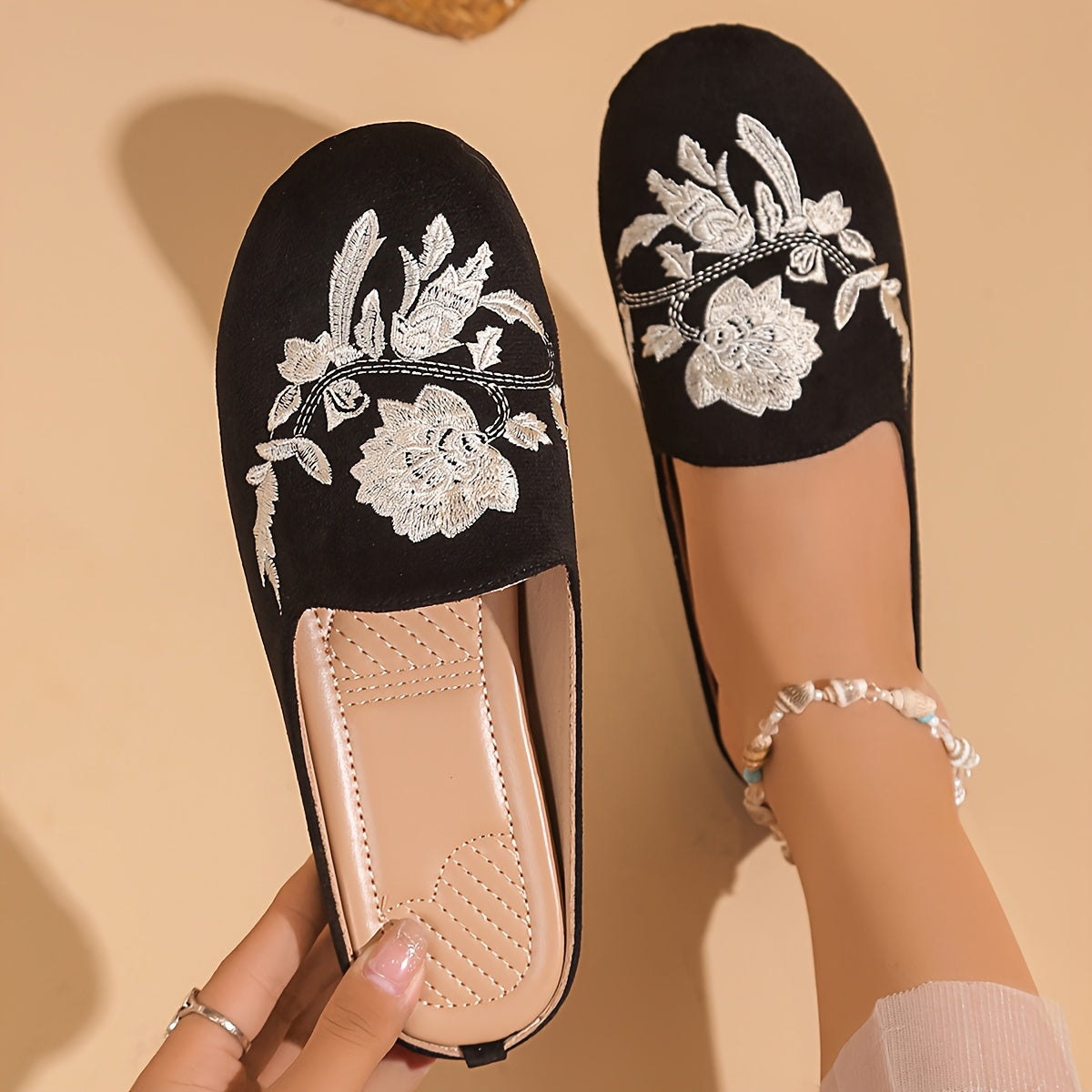 Women's Embroidered Floral Flannel Mules with Rubber Sole All-Season Flats