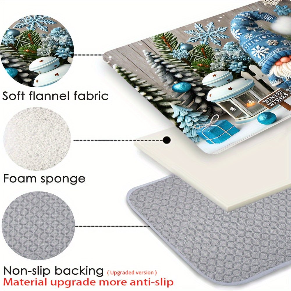Blue Flannel Christmas Gnome Door Mat Non-Slip Stain-Resistant 1.2cm Thick