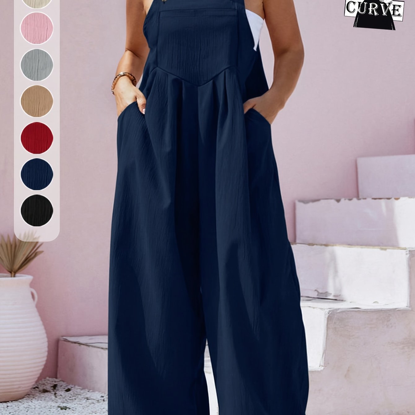 Women's Plus Size Black Strapless Jumpsuit with Button Front and Backless Design