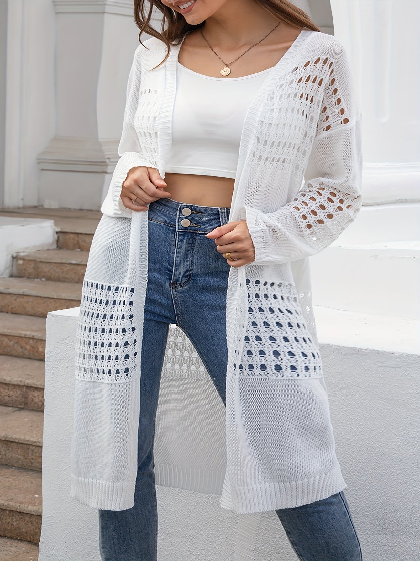 Cárdigan de punto para mujer talla grande con manga larga, abertura frontal y bordado, estilo flyaway