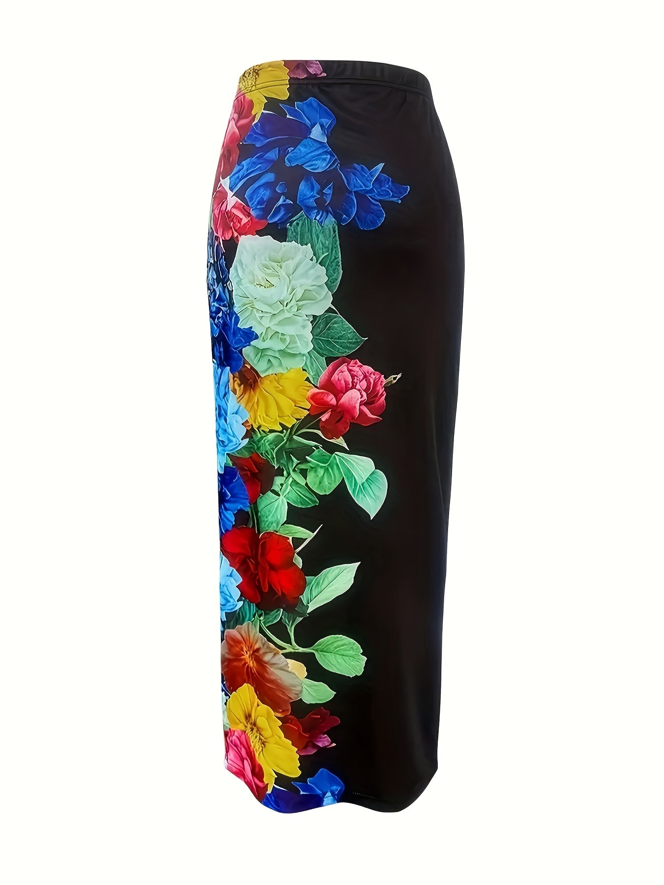 Plus Size Floral Print Bodycon Midi Skirt Stretchy Pencil Skirt All-Season