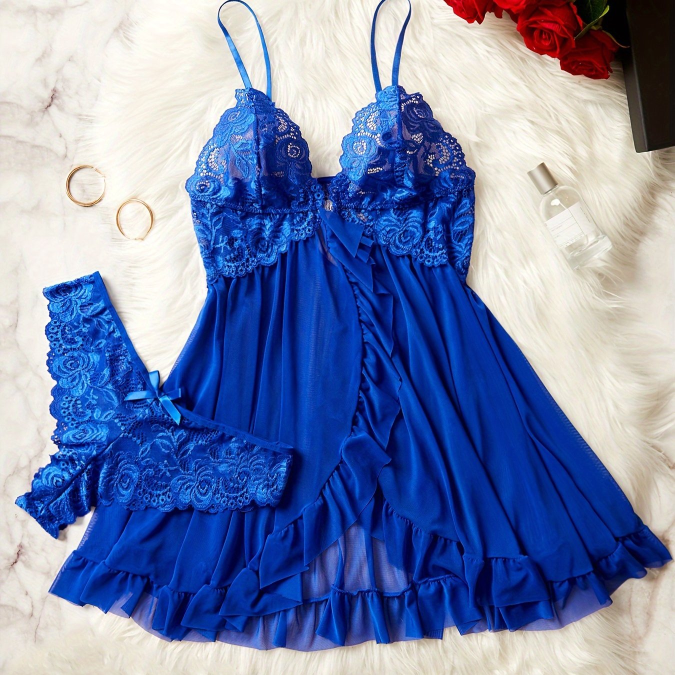 Women's Lace Ruffle Lingerie Set with Deep V Slip Dress and Thong