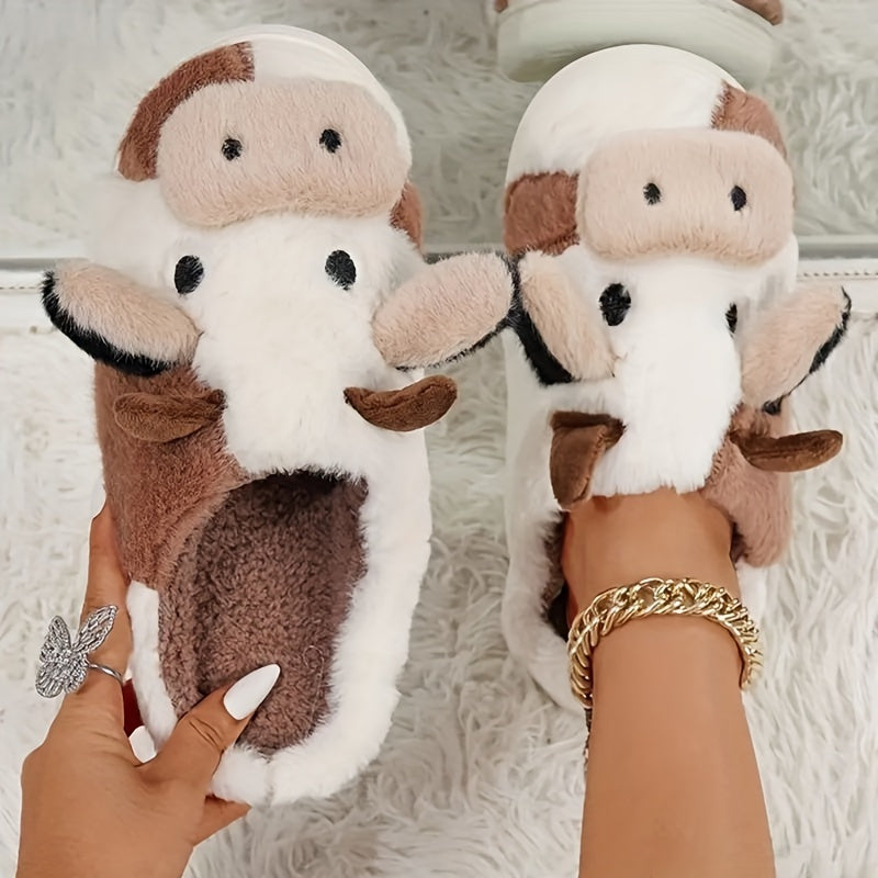 Unisex Plush Cow Pattern Slippers Comfortable Indoor Outdoor Warm