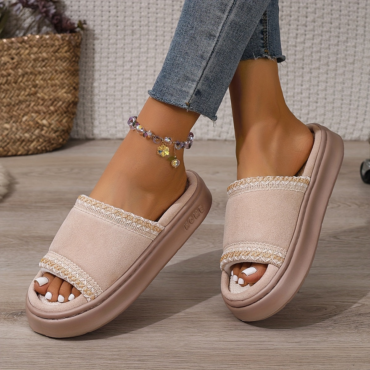 Plus-Size Women's Plush-Lined Winter Open-Toe Slippers Indoor Footwear