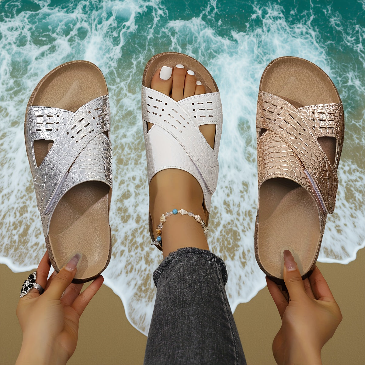 Ayollar uchun oq rangli sozlanadigan kamarli to'rtburchakli sandallar ochiq barmoqli yozgi plyaj slaydlar