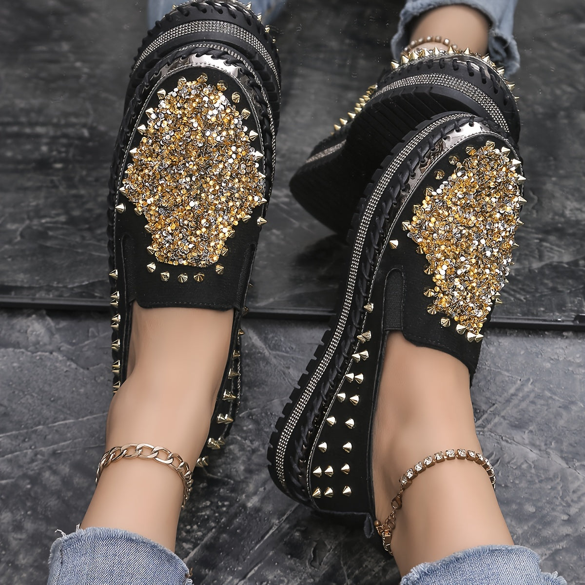 Ayollar uchun kundalik sport poyabzali, rhinestones bilan, engil slip-on loaferlar