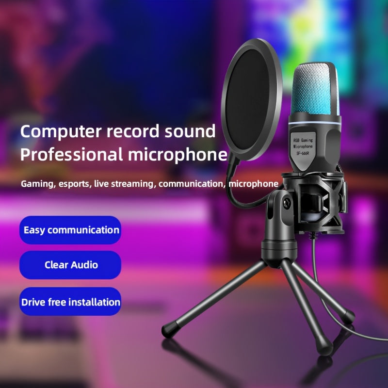 USB Condenser Microphone for Gaming Streaming Podcast with Mute, RGB Light, Tripod and Gain Control