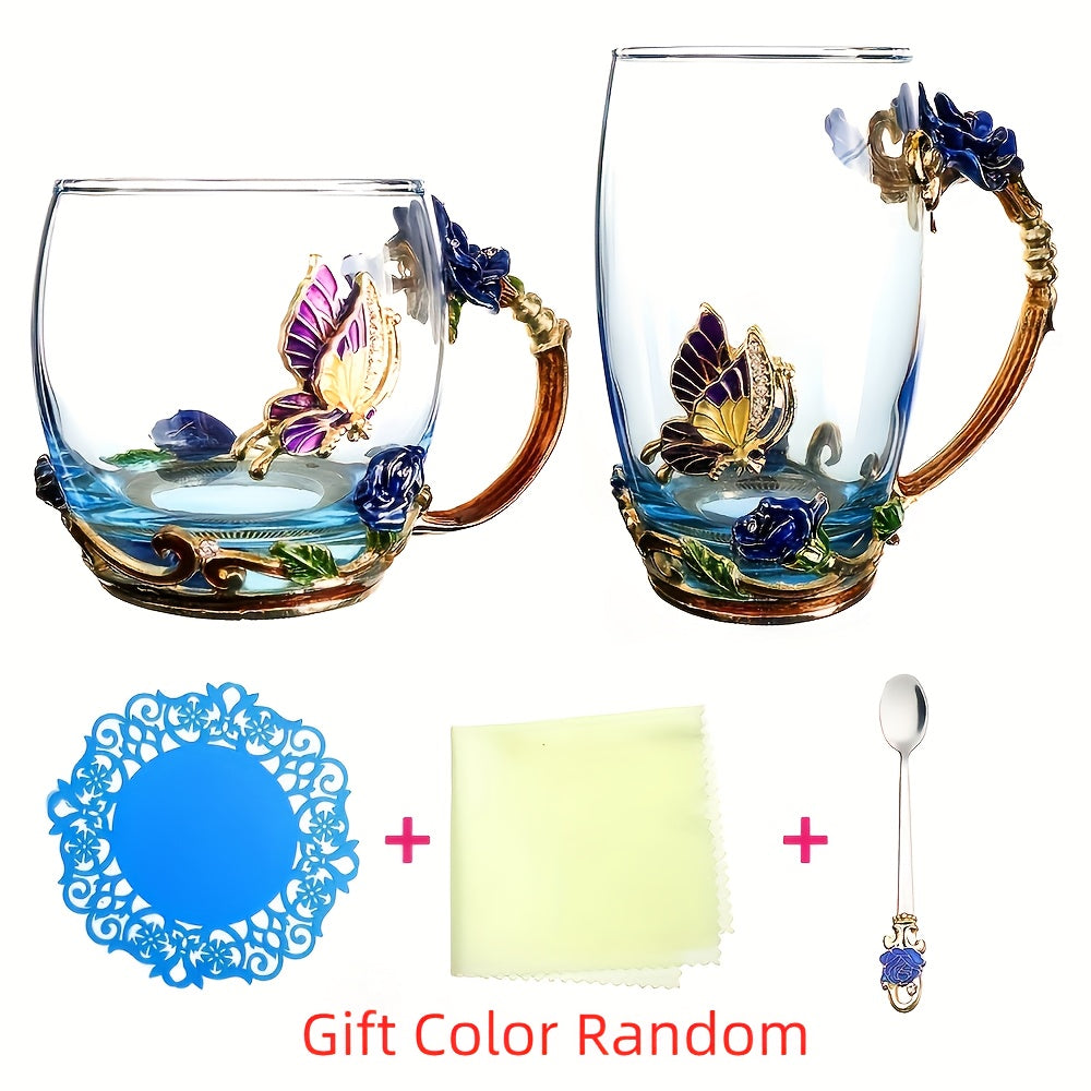 Enamel Crystal Tea Cup with Butterfly and Rose Design Includes Spoon Clear Glass