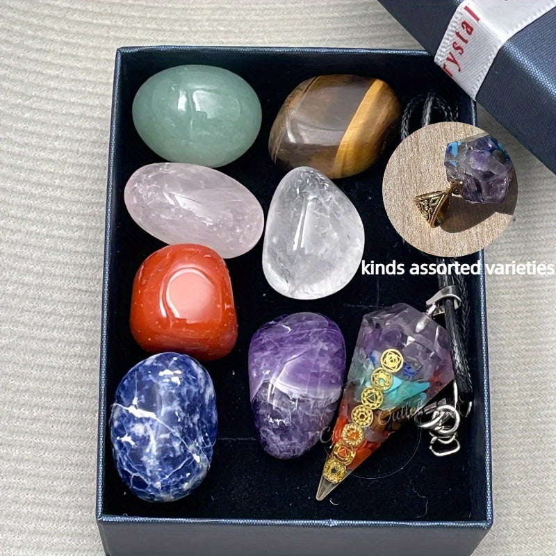 Set of 8 Natural Stone Pendants with Necklace Gift Box for Men and Women