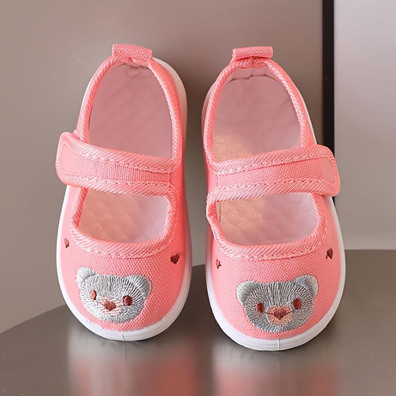 Zapatos de lona para niñas pequeñas y bebés, de caña baja, con bordado de dibujos animados, suela de PVC, fácil de poner y quitar, otoño y primavera