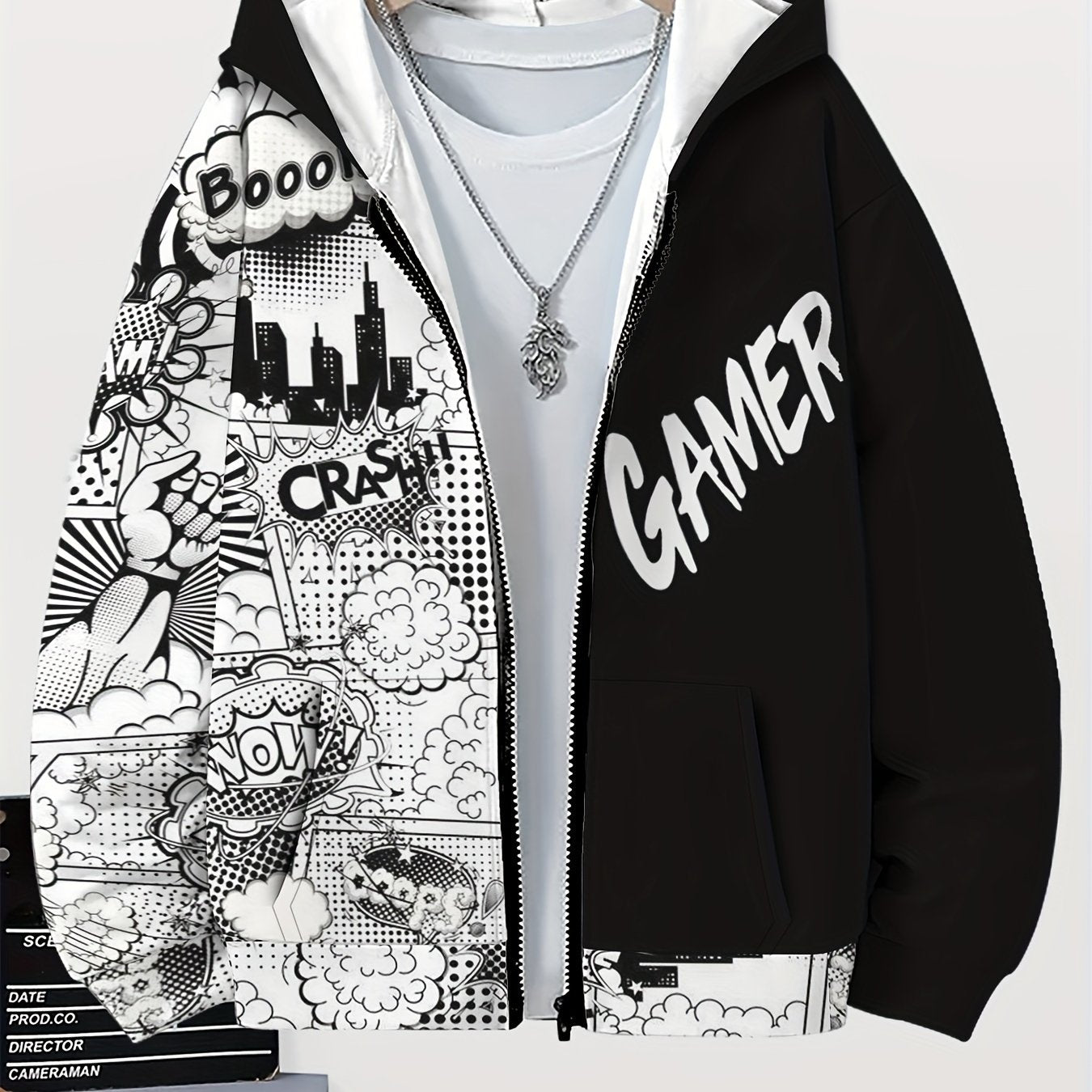 Boys Hoodie Black and White Gamer Graphic Zip-Up with Pockets for Fall Winter Casual Wear